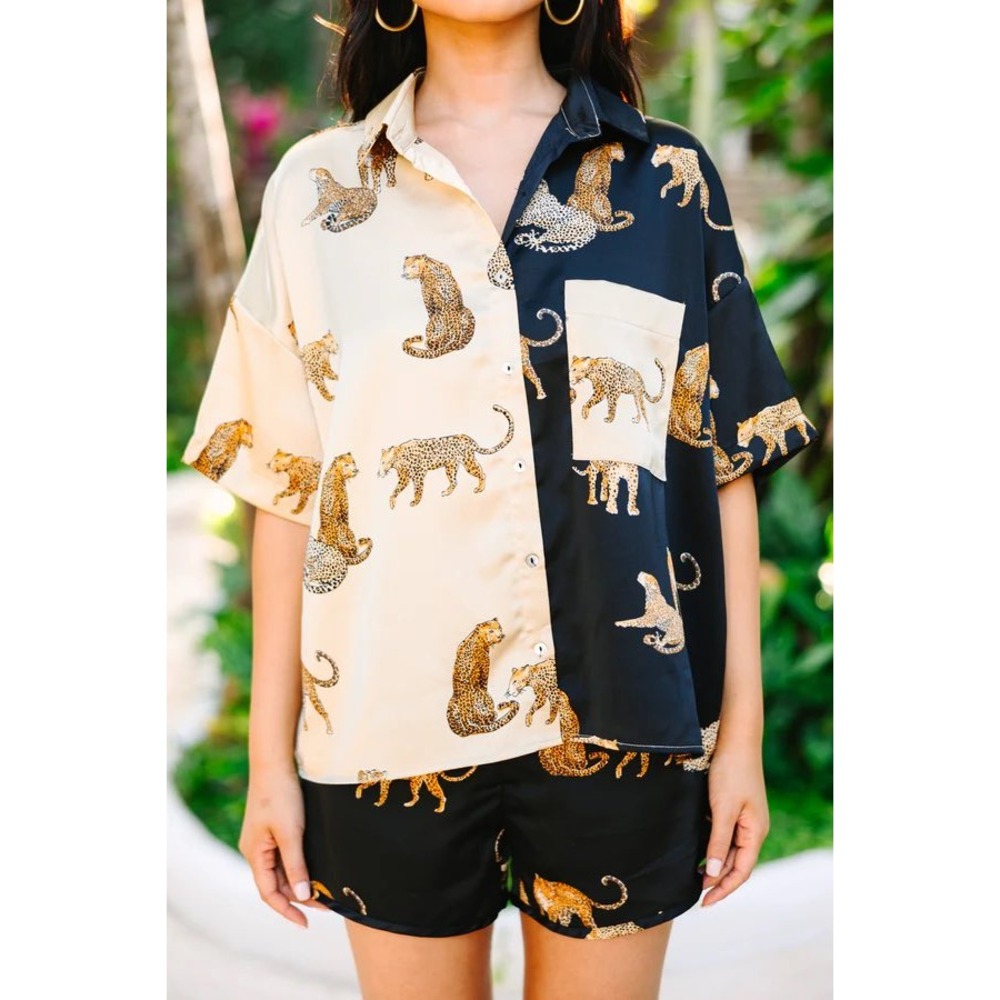 Entro Womens Leopard Print Split Color Button Down Shirt Satin Gold Black Small